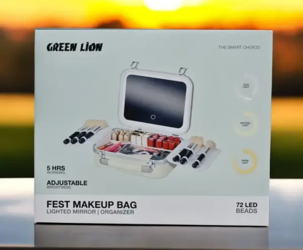 GREEN LION FEST MAKEUP BAG|LIGHTED MIRROR | ORGANIZER | WHITE